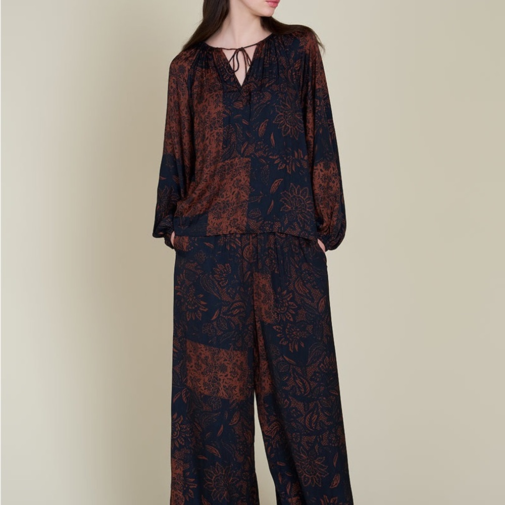 grade & gather Elegant Black and Copper Brown Patchwork Peasant Blouse Sz M NWT
